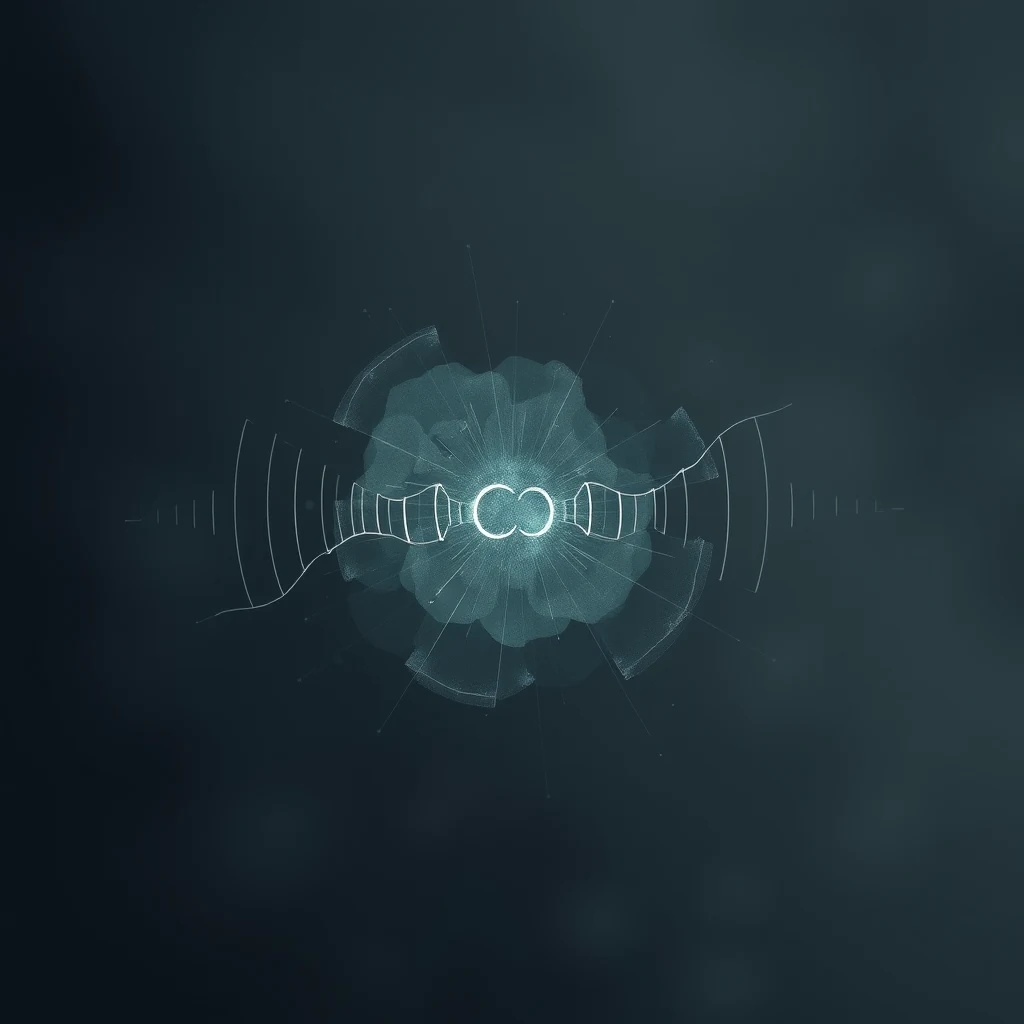 A digital illustration depicts a conceptual representation of mitosis, showing a central structure with radiating lines and a circular pattern, symbolizing the division of duplicated chromosomes into two daughter nuclei.