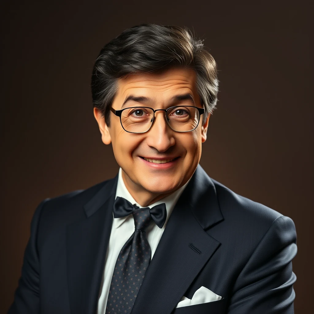 Monty Hall, wearing a dark suit with a bow tie and glasses, smiles warmly against a dark background.