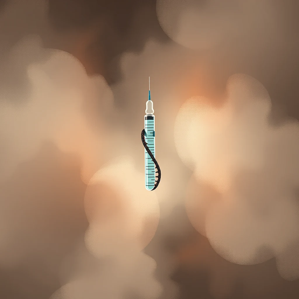 A syringe with a black ribbon-like substance attached to it, set against a blurred background of warm bokeh lights, symbolizes mRNA vaccines.