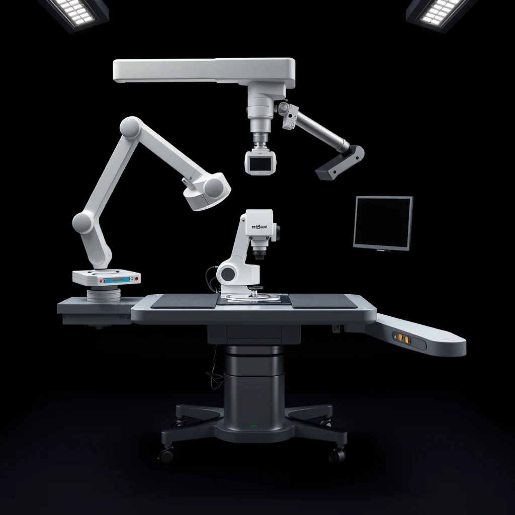 The MUSA platform is a surgical robotic system developed by MicroSure, featuring an adjustable arm extending over an operating table, designed to assist in open microsurgery.