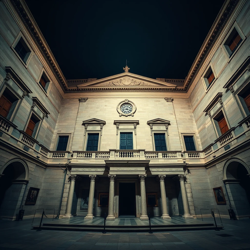 A grand neoclassical building with columns and a clock at its center stands under a dark sky, suggesting an ancient institution dedicated to learning and knowledge.