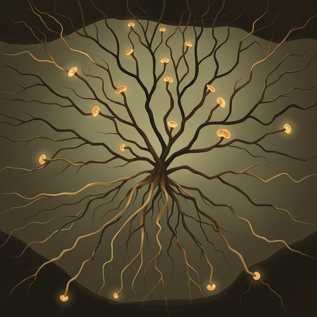 A mycorrhizal network is depicted as an intricate web of glowing fungal hyphae extending from a central point, symbolizing the complex connections between plant roots and fungi.