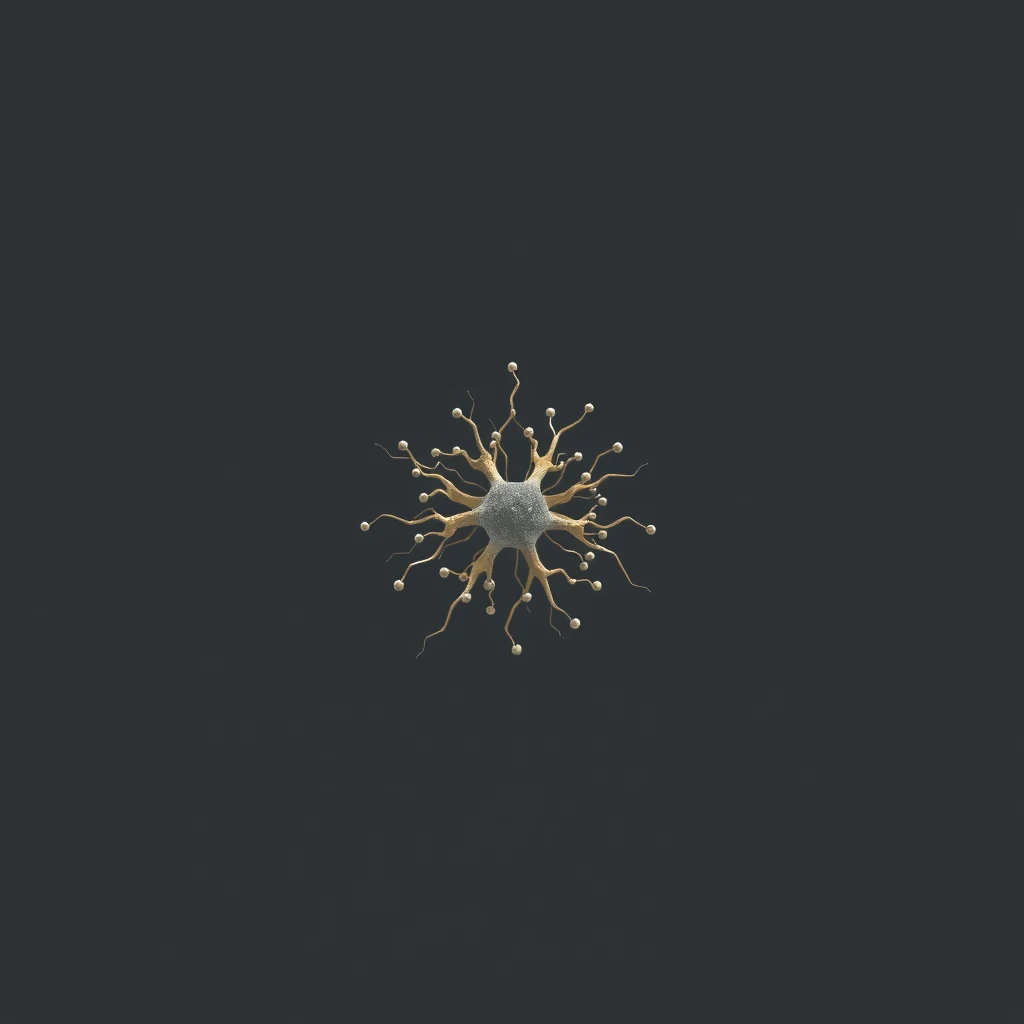A spherical structure with numerous thin, branching appendages extending outward, resembling a conceptual representation of myosin, a motor protein involved in muscle contraction and intracellular movement.