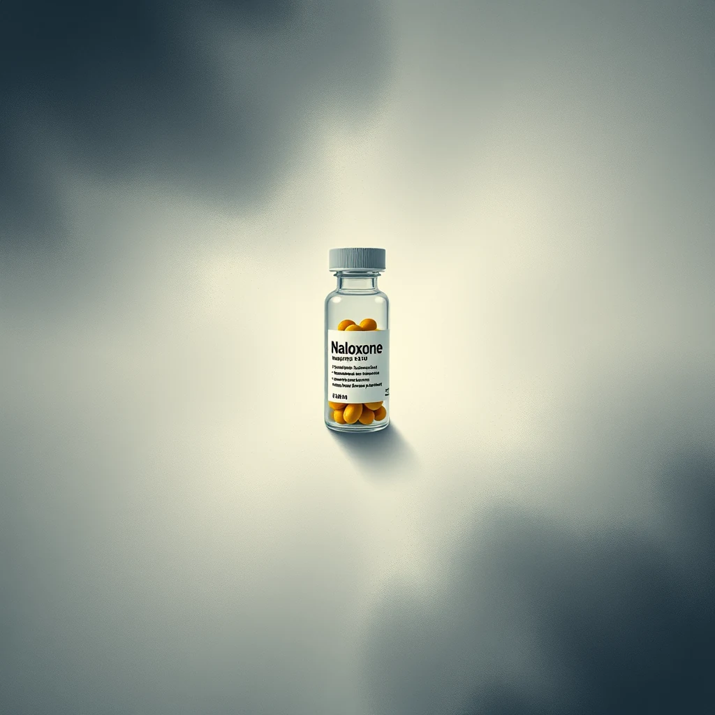 A vial labeled "Naloxone" with orange tablets inside is prominently displayed against a gradient background, symbolizing its role in reversing opioid overdoses.