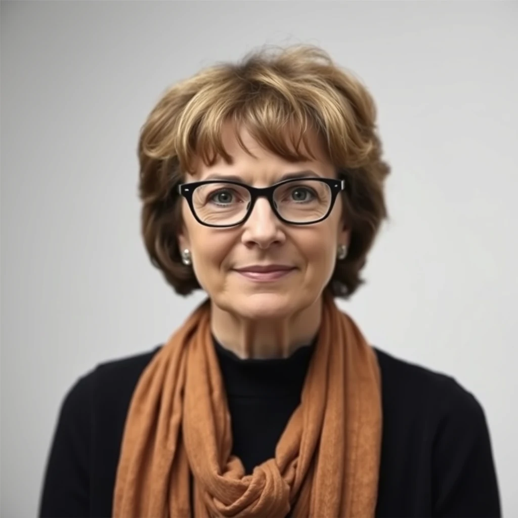 Nancy Leveson, an American computer scientist, wears glasses, a black top, and an orange scarf, standing against a plain background.