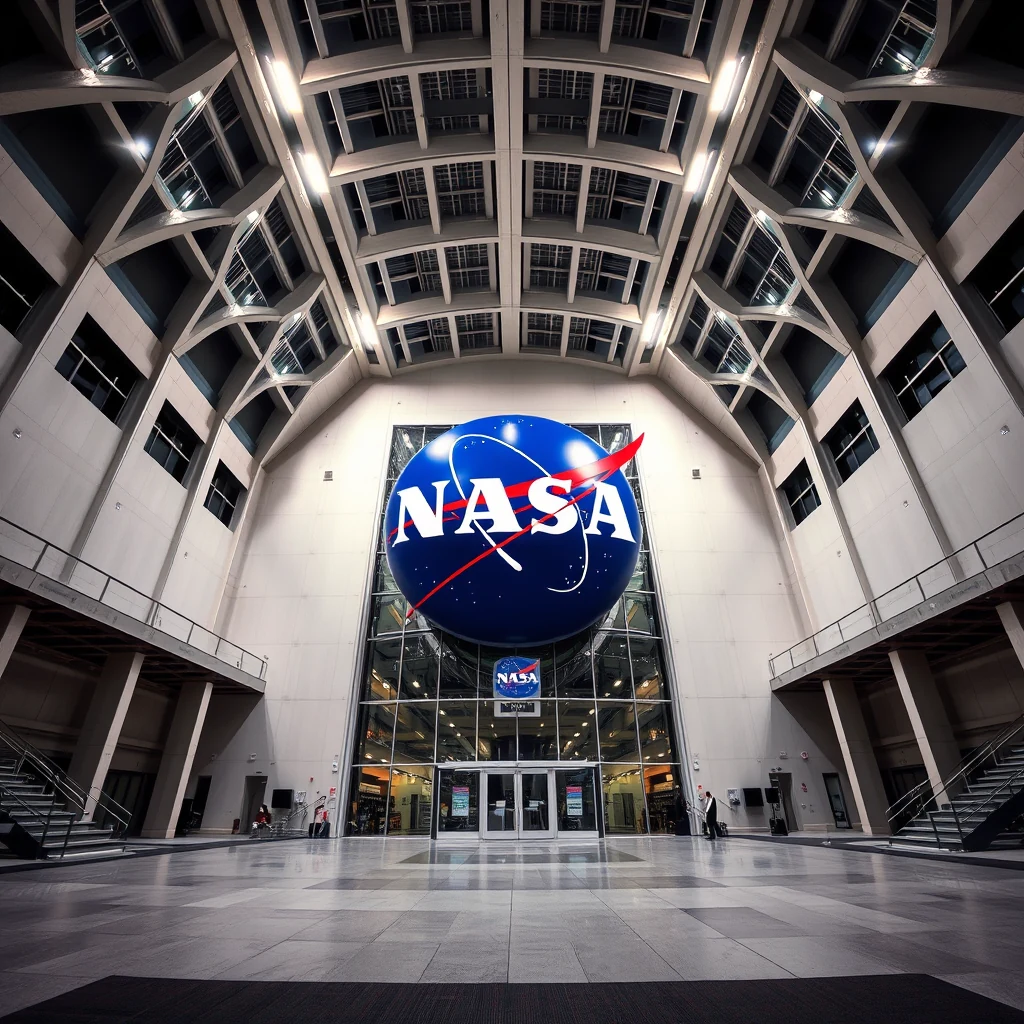 A spacious interior of a modern building features a large, prominent NASA logo at the entrance, symbolizing the U.S. space agency's mission and achievements.