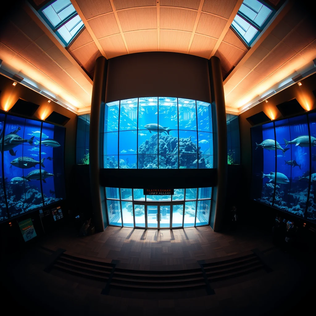 A spacious interior of the National Aquarium of New Zealand features large glass windows displaying vibrant marine life and coral reefs, with warm lighting illuminating the space.