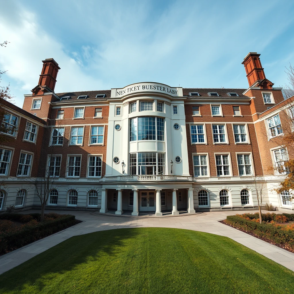 A grand brick building with white columns and arched windows stands under a clear blue sky, featuring the sign "NEN TICET BUESTER LABY."
