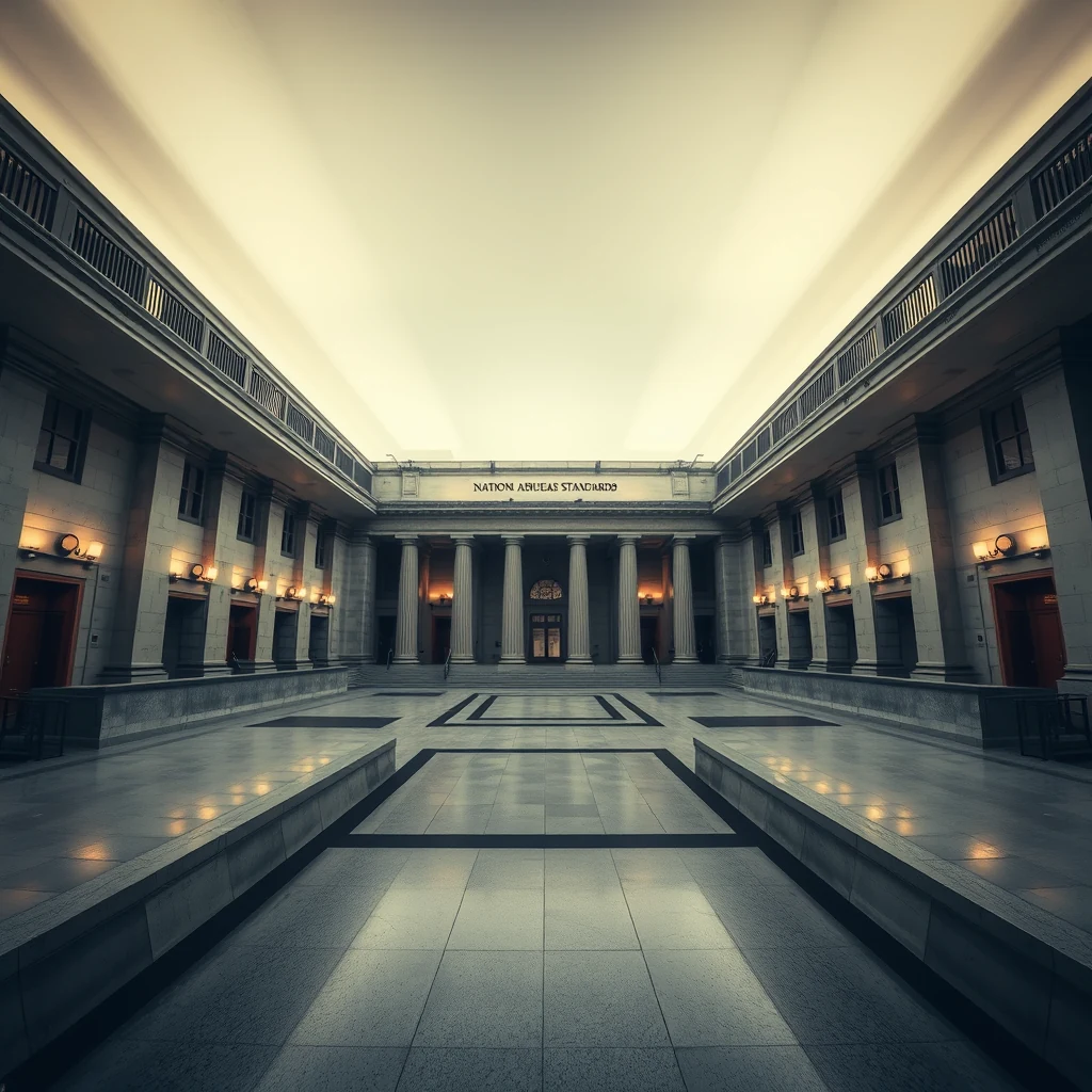 A grand, symmetrical building with columns and a sign reading "NATIONAL BUREAU OF STANDARDS" stands at the center, illuminated by warm lights, symbolizing the historic U.S. federal measurement laboratory.