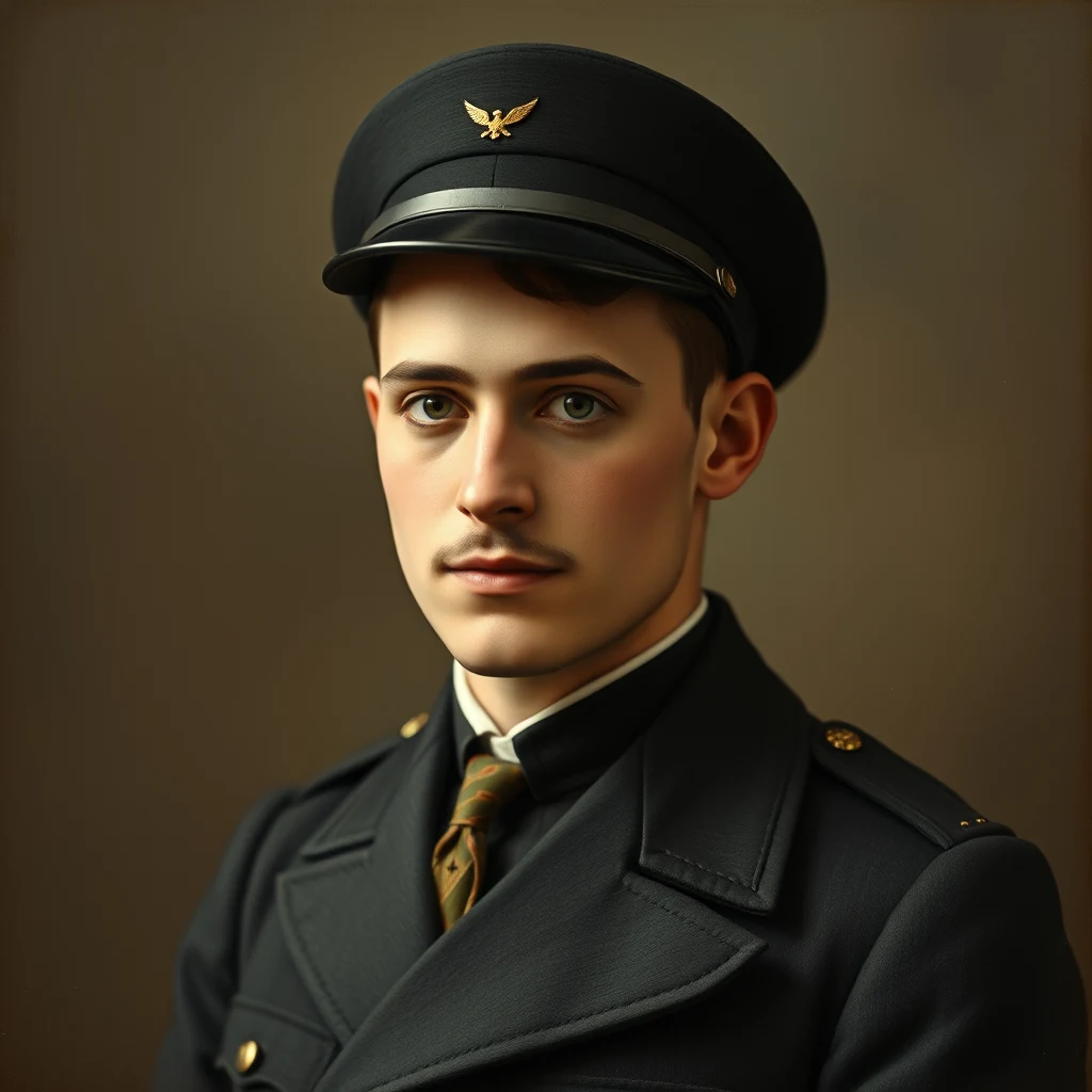 A young man wearing a dark military uniform with a cap featuring an eagle emblem stands against a neutral background.