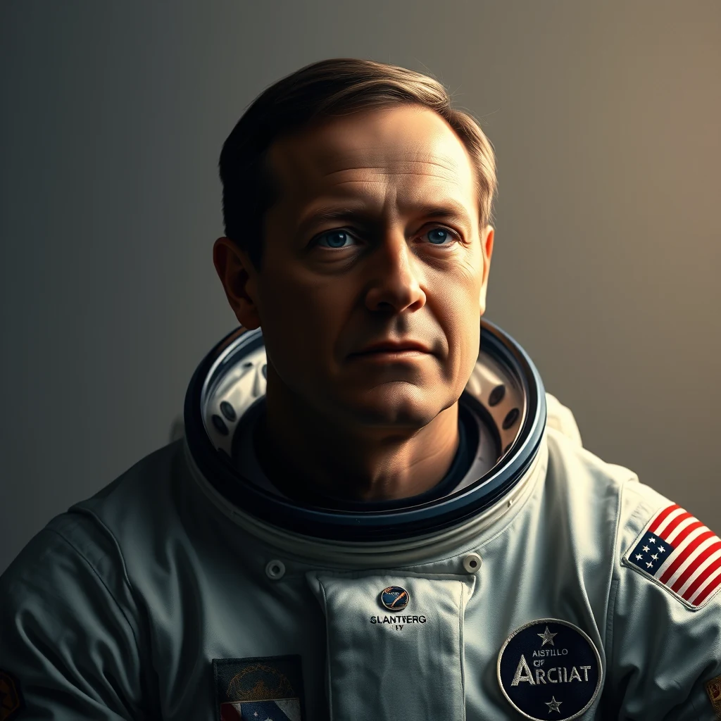 A man wearing a white space suit with an American flag patch on his arm and various mission patches on the chest, set against a neutral background.