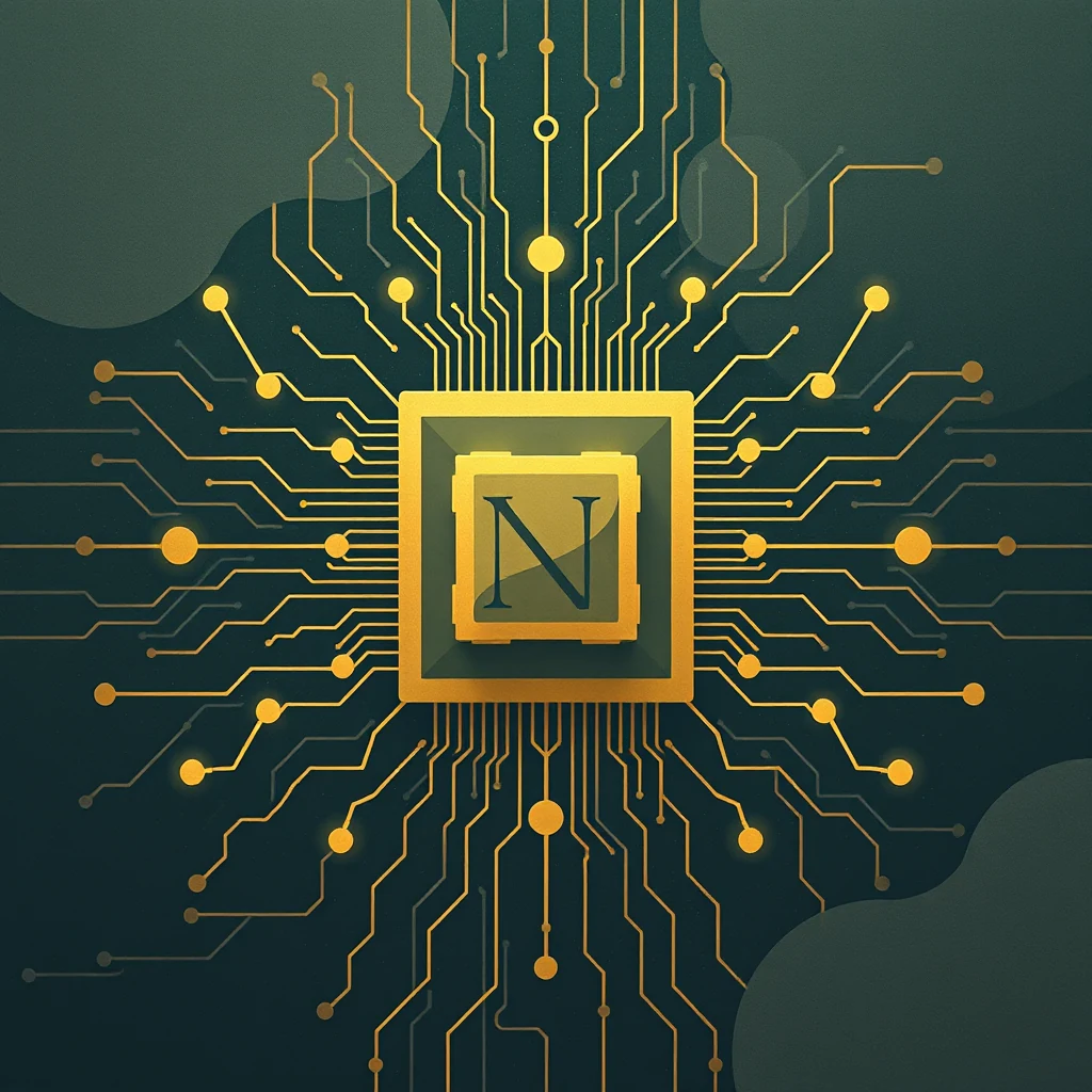 A golden circuit board with a central square featuring an "N" symbol, surrounded by intricate interconnecting lines, represents neuromorphic computing architecture.