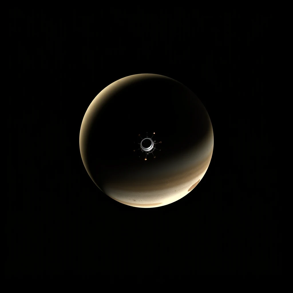 A spacecraft is depicted against the backdrop of Jupiter, showcasing its journey through space.