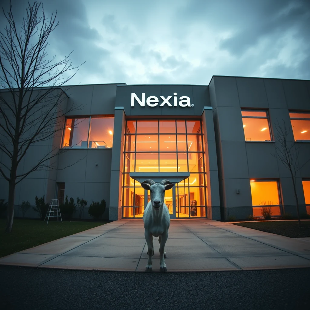 A goat statue stands in front of a building with the sign "Nexia," illuminated by warm interior lighting under a cloudy sky.