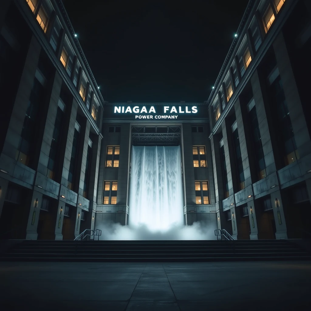 A grand building with a large waterfall cascading down its center is illuminated at night, with the sign reading "Niagara Falls Power Company."