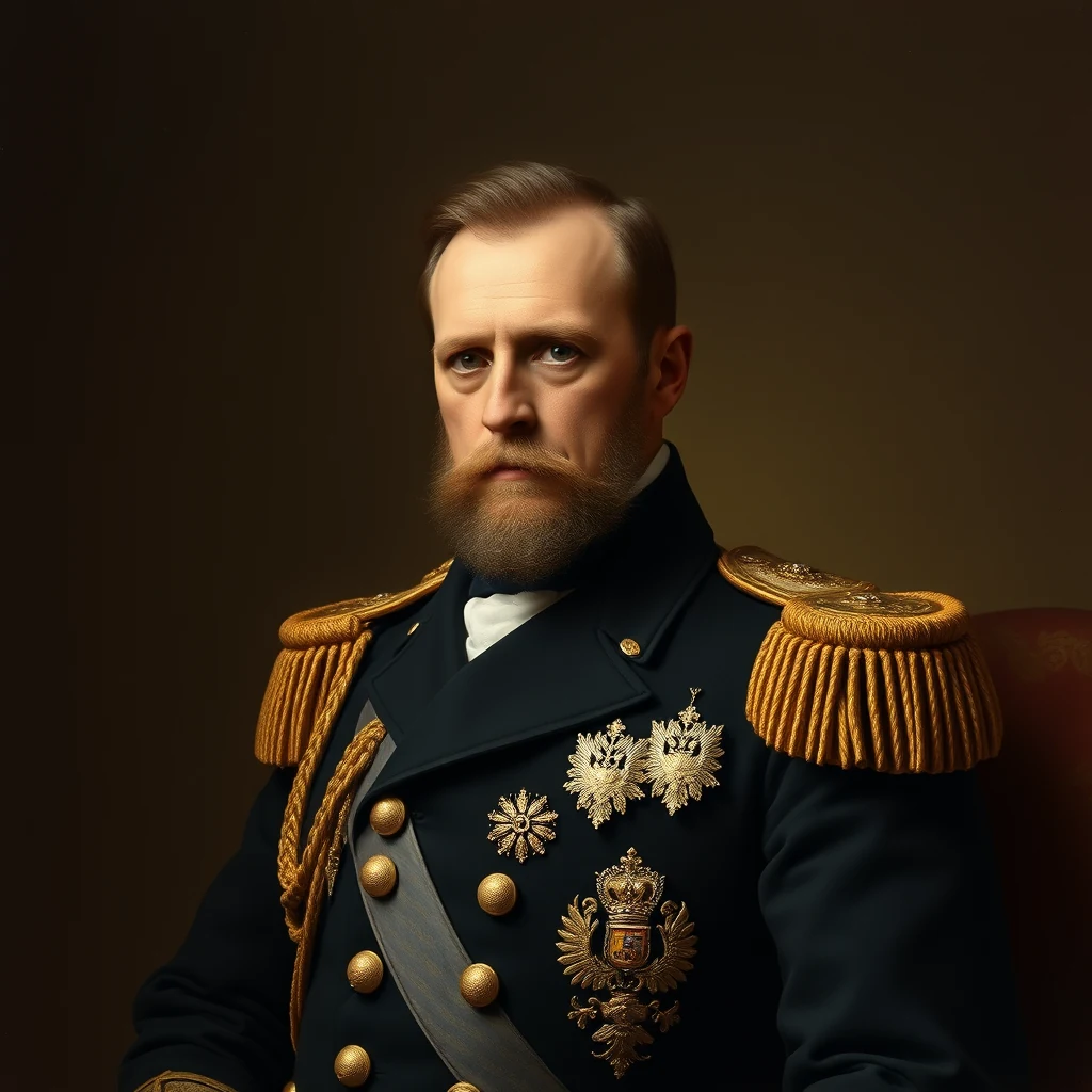 Tsar Nicholas I is depicted wearing an ornate military uniform adorned with gold epaulets and medals, symbolizing his role as the Emperor of Russia from 1825 to 1855.