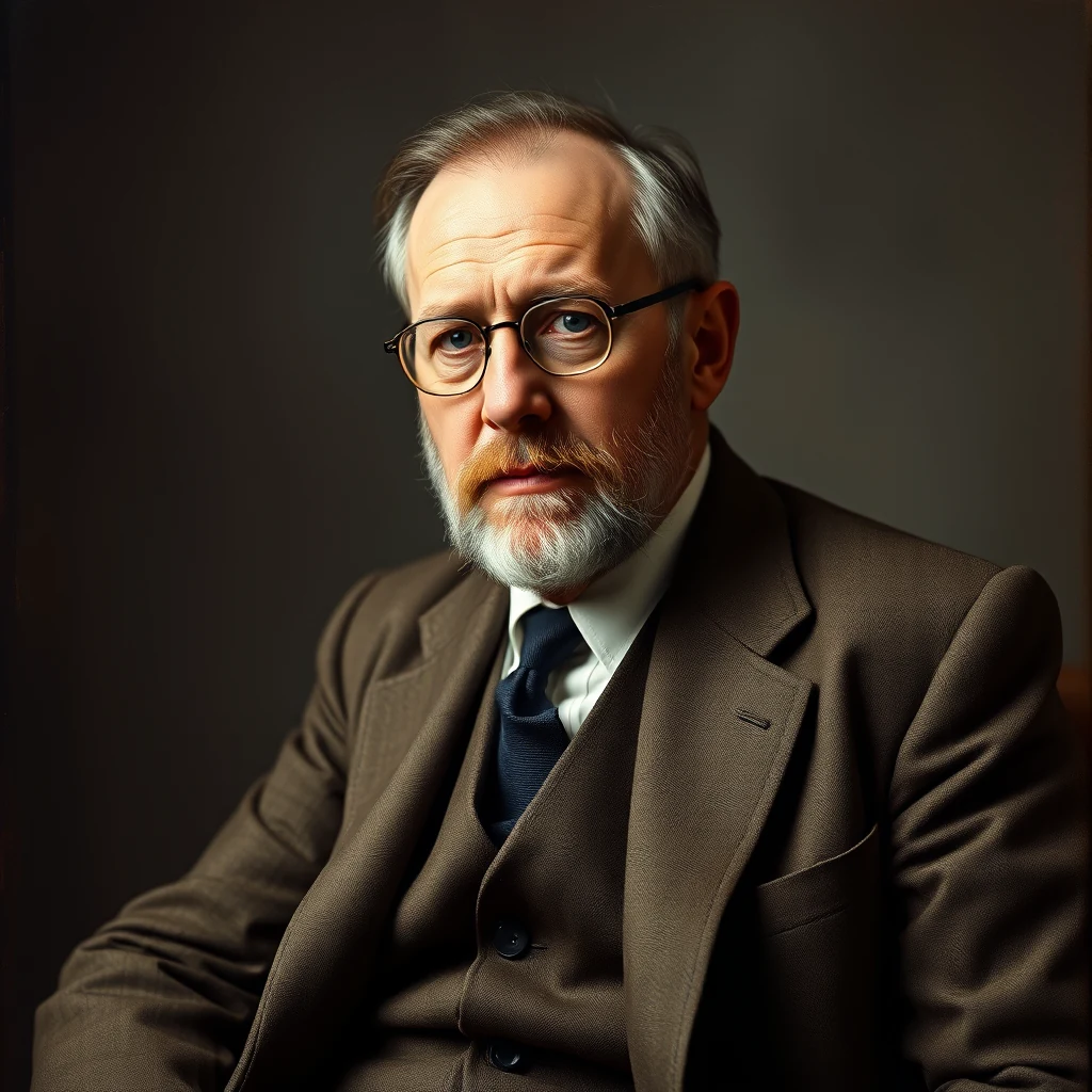 A man with gray hair and a beard wearing glasses, a suit, and a tie, seated against a dark background.
