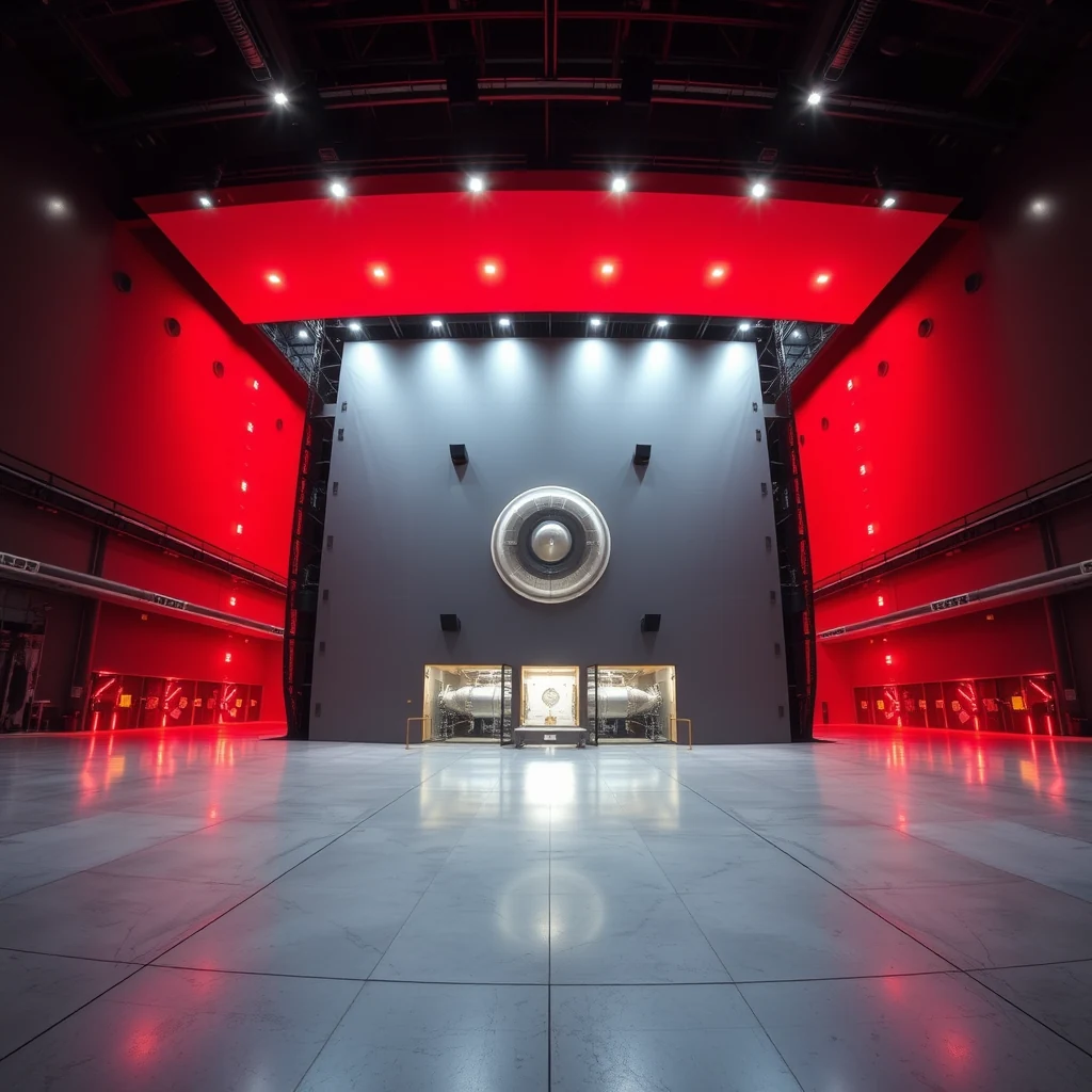 A large, modern facility with red lighting and a central circular structure, likely part of the National Ignition Facility, showcasing its impressive scale and advanced technology.