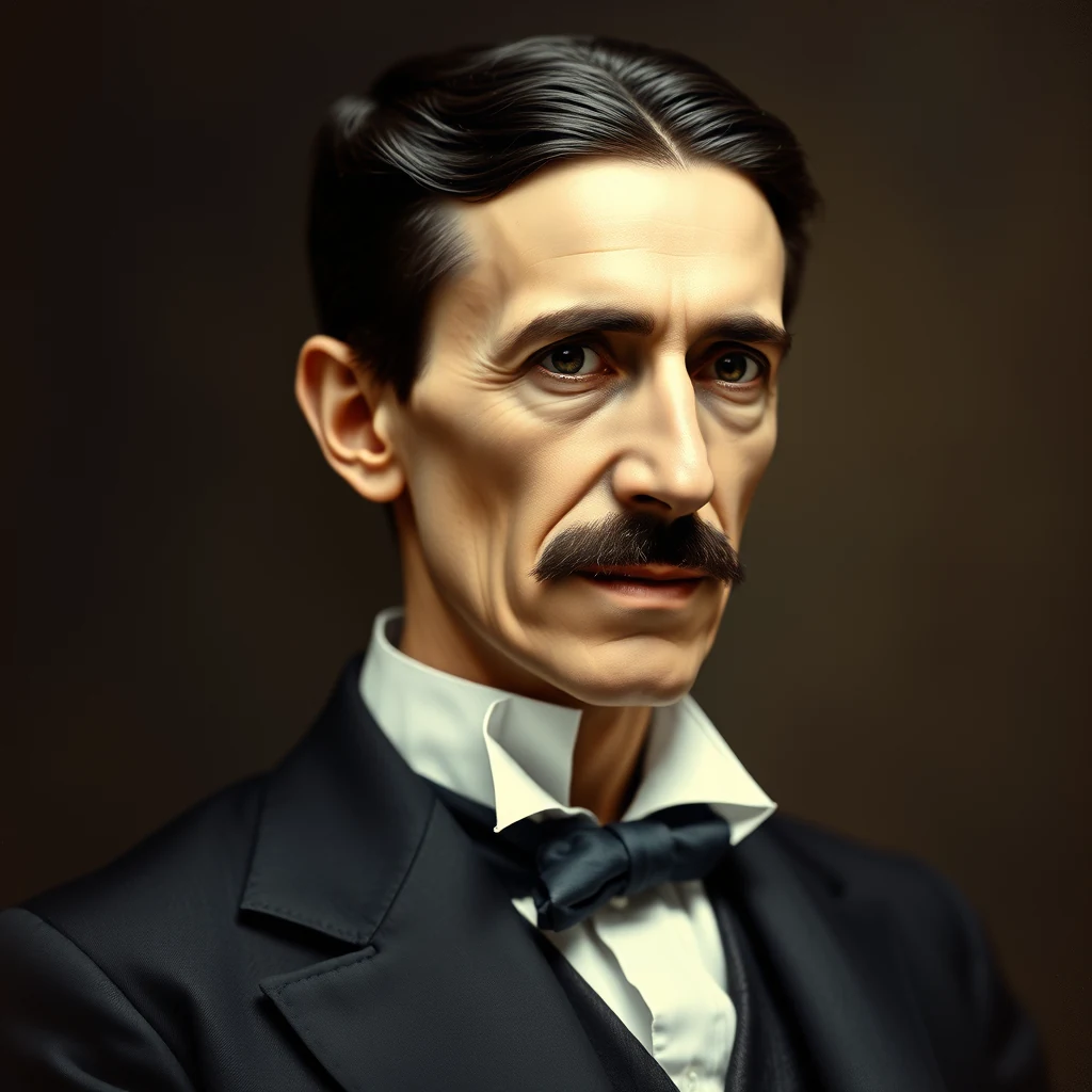A portrait of Nikola Tesla, wearing a black suit and bow tie, with a serious expression and neatly combed dark hair.