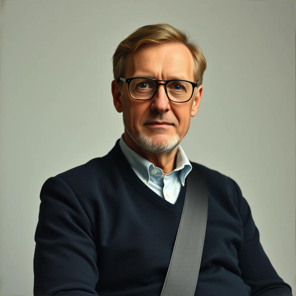 A man wearing glasses, a dark sweater over a light blue shirt, and a seatbelt strap across his chest sits against a neutral background.