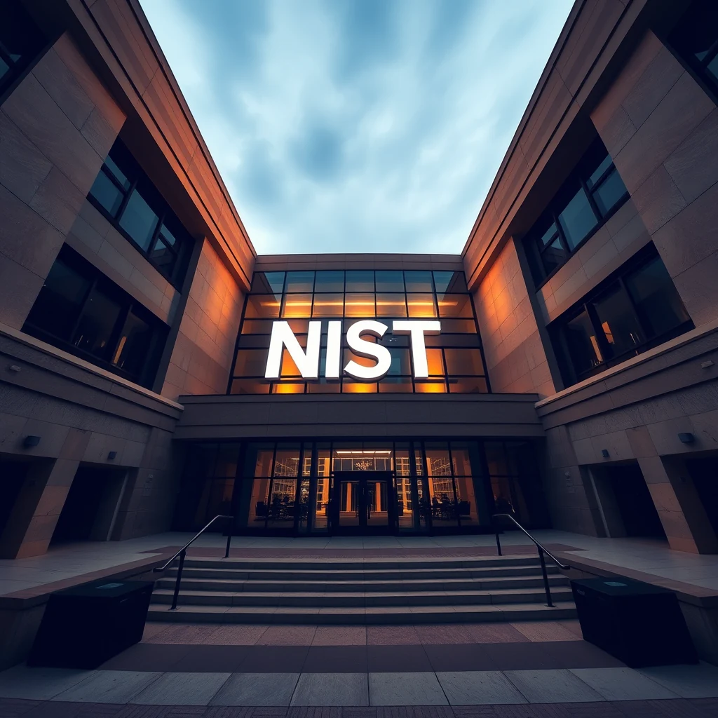 A modern building with the illuminated sign "NIST" prominently displayed above the entrance, set against a backdrop of a cloudy sky.