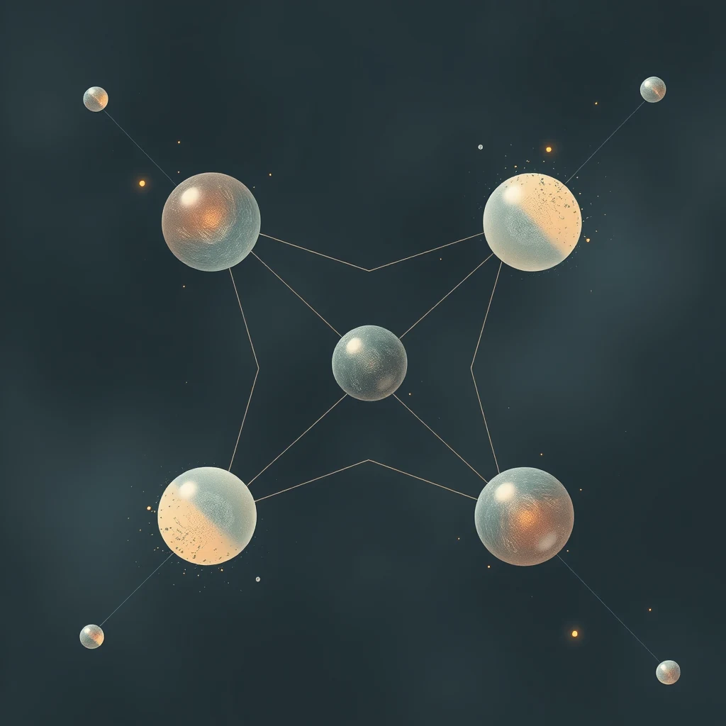 The image depicts a network of interconnected spheres, symbolizing the concept of entanglement in quantum information theory, where measurement outcomes on one particle affect another, demonstrating the no-communication theorem.