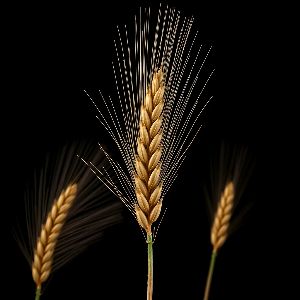 A close-up of a semi-dwarf wheat plant with golden grains and long awns against a black background.