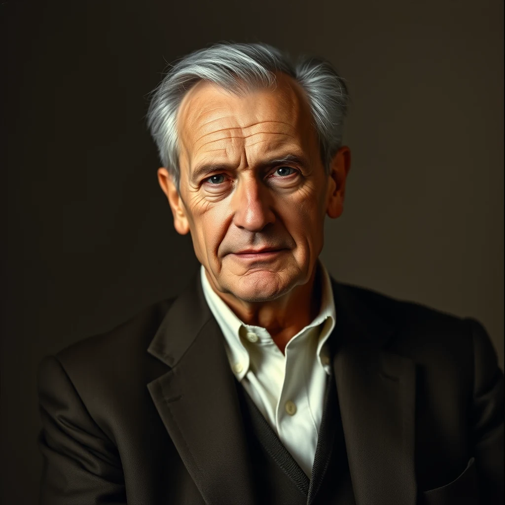 A man with gray hair and a serious expression is dressed in a dark suit jacket over a white shirt, set against a neutral background.