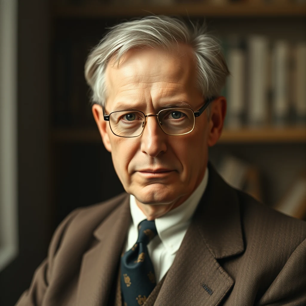 A man with gray hair and glasses, wearing a brown suit and a patterned tie, stands in front of a bookshelf.