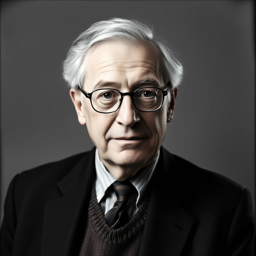 A man with white hair and glasses, wearing a dark suit, tie, and sweater vest, stands against a neutral background.