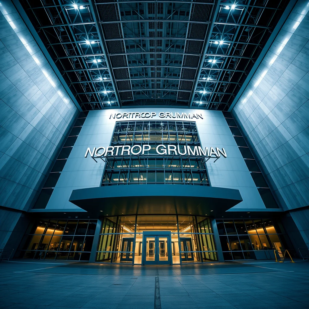 A modern building with illuminated signage reading "Nortrop Grumman" stands prominently at night, showcasing its sleek architectural design and large glass windows.