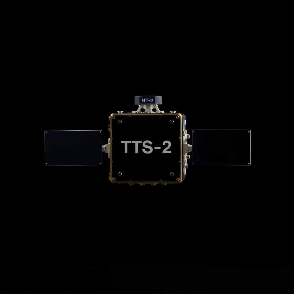 NTS-2, a black rectangular satellite with "TTS-2" written on its front, features two solar panels extending from either side and a small dome-like structure at the top labeled "NT-2."
