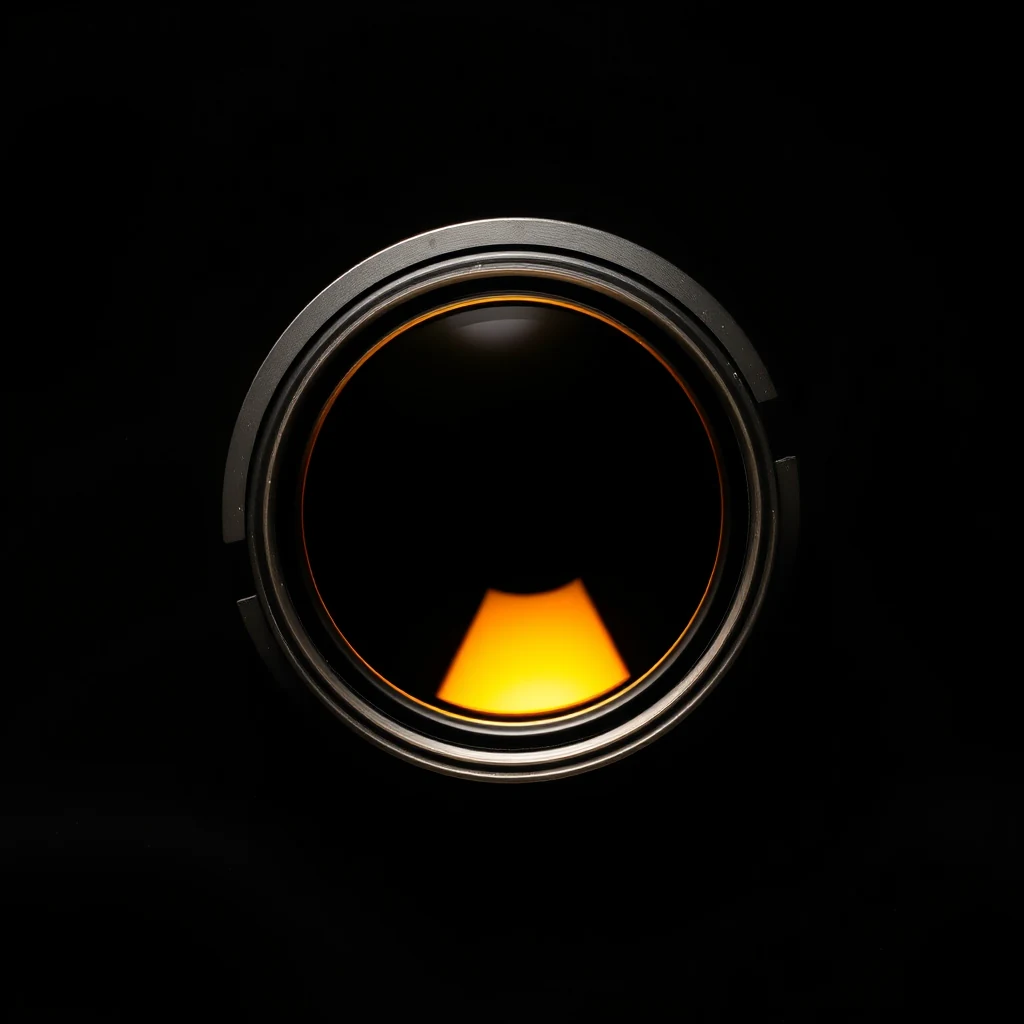 A circular object with a metallic rim and an orange-yellow triangular section at its center is shown against a black background.