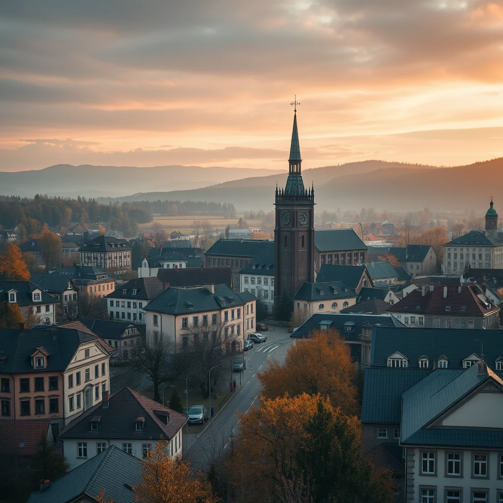 A picturesque town at sunset with a prominent church steeple and traditional European architecture, set against a backdrop of rolling hills and autumnal trees.