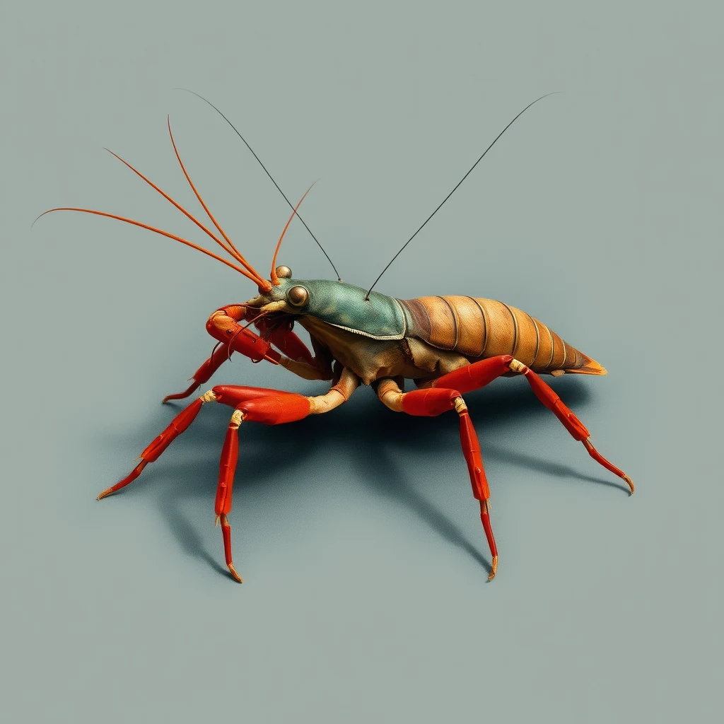 A peacock mantis shrimp with vibrant red appendages and a blue-green head is shown against a neutral background, highlighting its unique coloration and structure.