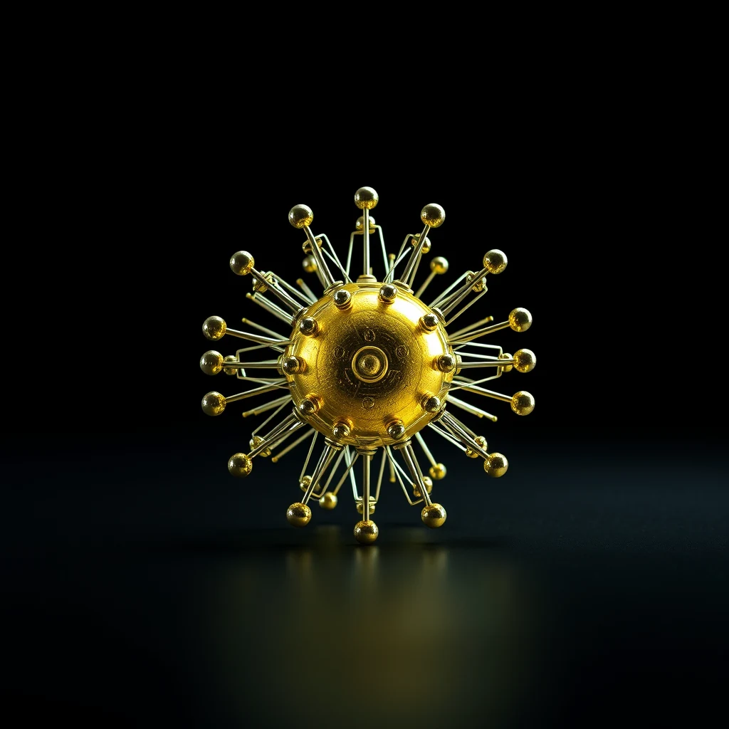 A golden spherical object with numerous protruding rods and spheres, resembling a molecular structure, stands against a dark background.
