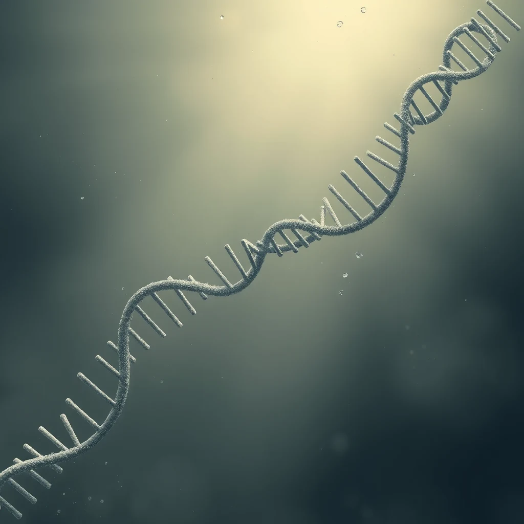 A double helix structure resembling DNA is depicted with a gradient background, symbolizing Okazaki fragments, short stretches of DNA produced during replication.