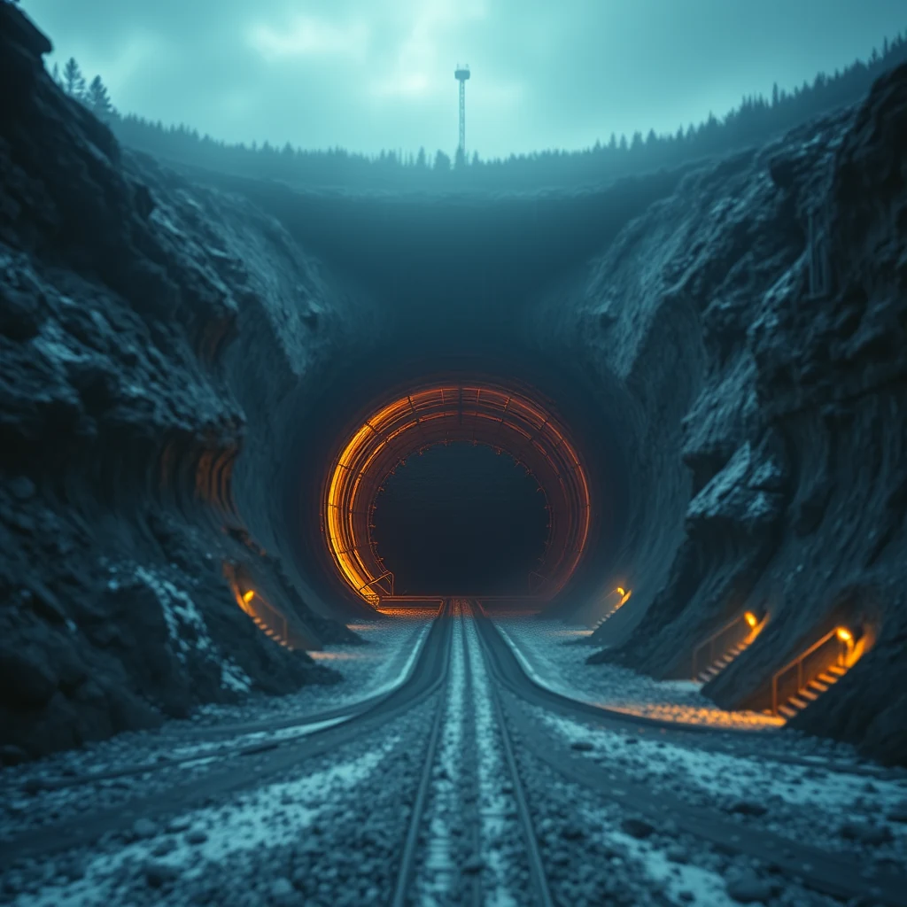 A railway track leads into a dimly lit tunnel with glowing orange lights lining its walls, set against a backdrop of rocky cliffs and a distant forested hillside.