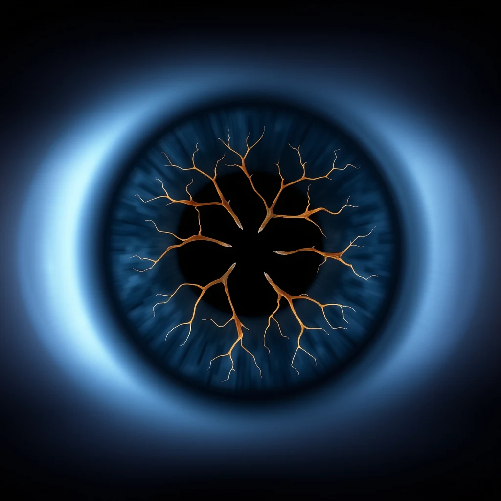 A blue eye with a central optic nerve depicted as a branching network of golden lines radiating outward, symbolizing the transmission of visual information from the retina to the brain.
