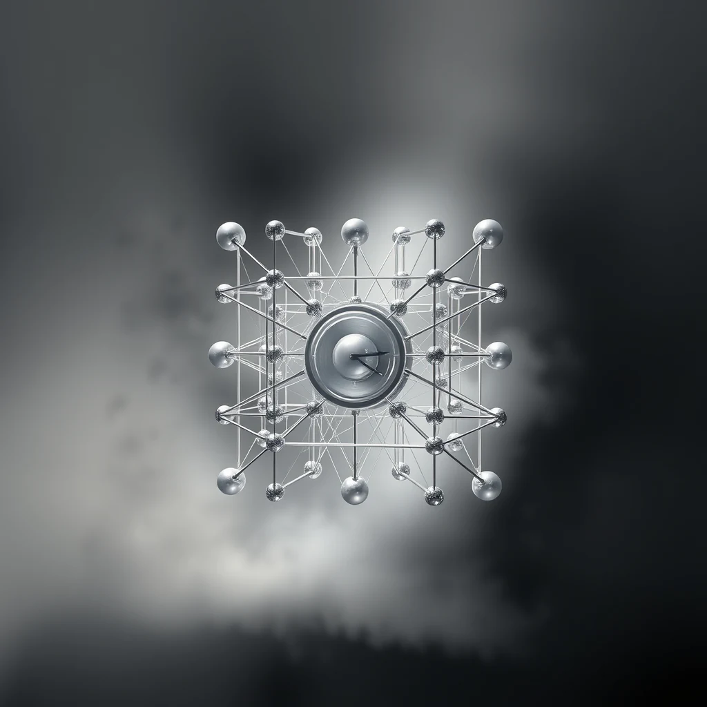 A conceptual illustration of an optical lattice clock, featuring a central circular component surrounded by a network of interconnected spheres and lines, symbolizing trapped atoms in a laser-trap configuration.