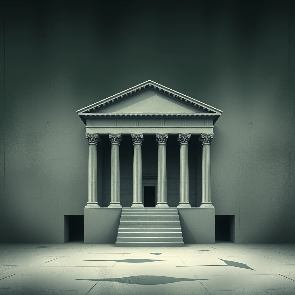 A classical structure with columns and a triangular pediment stands in a dimly lit space, symbolizing the architectural achievements of opus caementicium, the Roman concrete used in monumental buildings like the Pantheon and Colosseum.