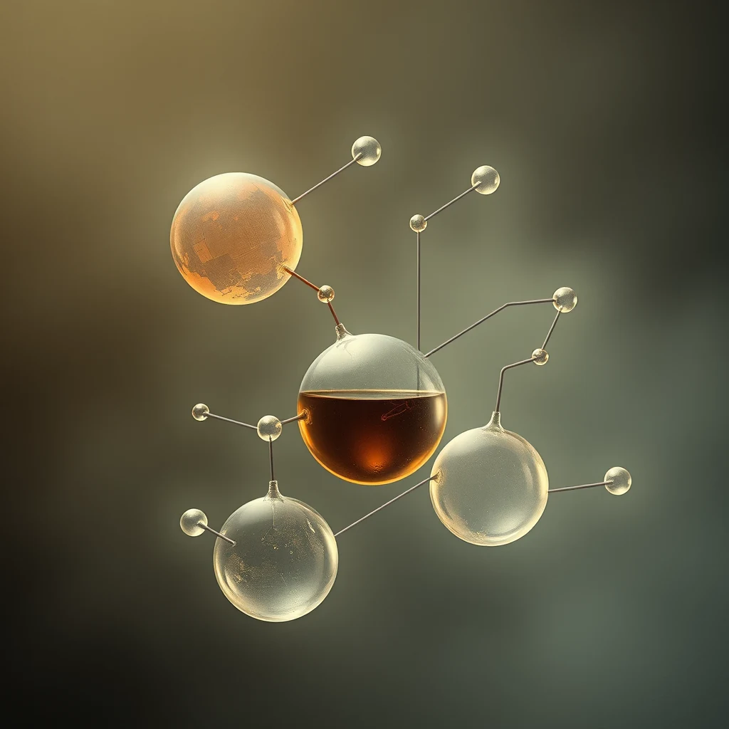 A molecular structure with interconnected spheres and rods, one containing a dark liquid, symbolizes organic chemistry concepts.