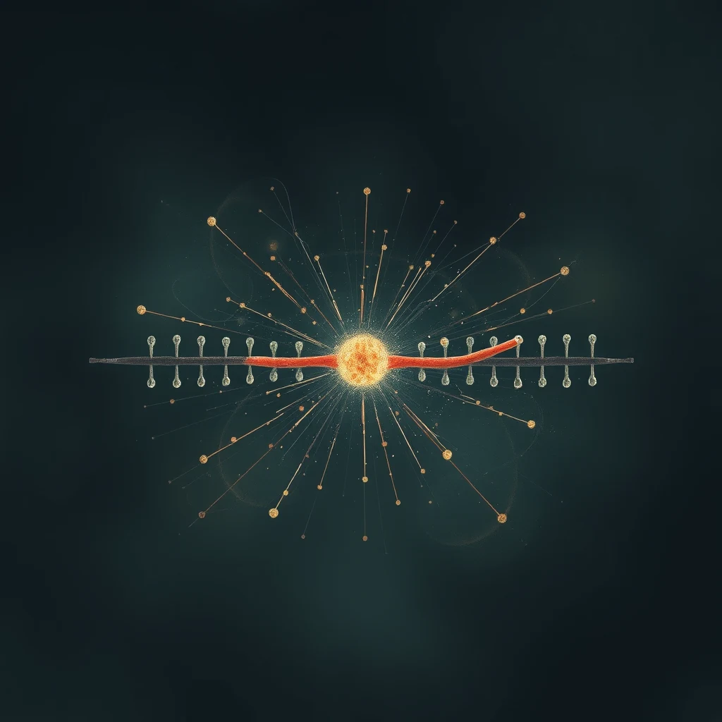 The image depicts a conceptual representation of an origin of replication, showing a central sphere with radiating lines and smaller spheres, symbolizing the initiation point for DNA replication in bacteria or eukaryotic cells.