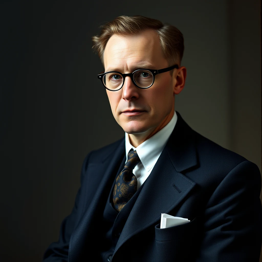 A man wearing glasses, a dark suit with a patterned tie, and a white pocket square stands against a dark background.