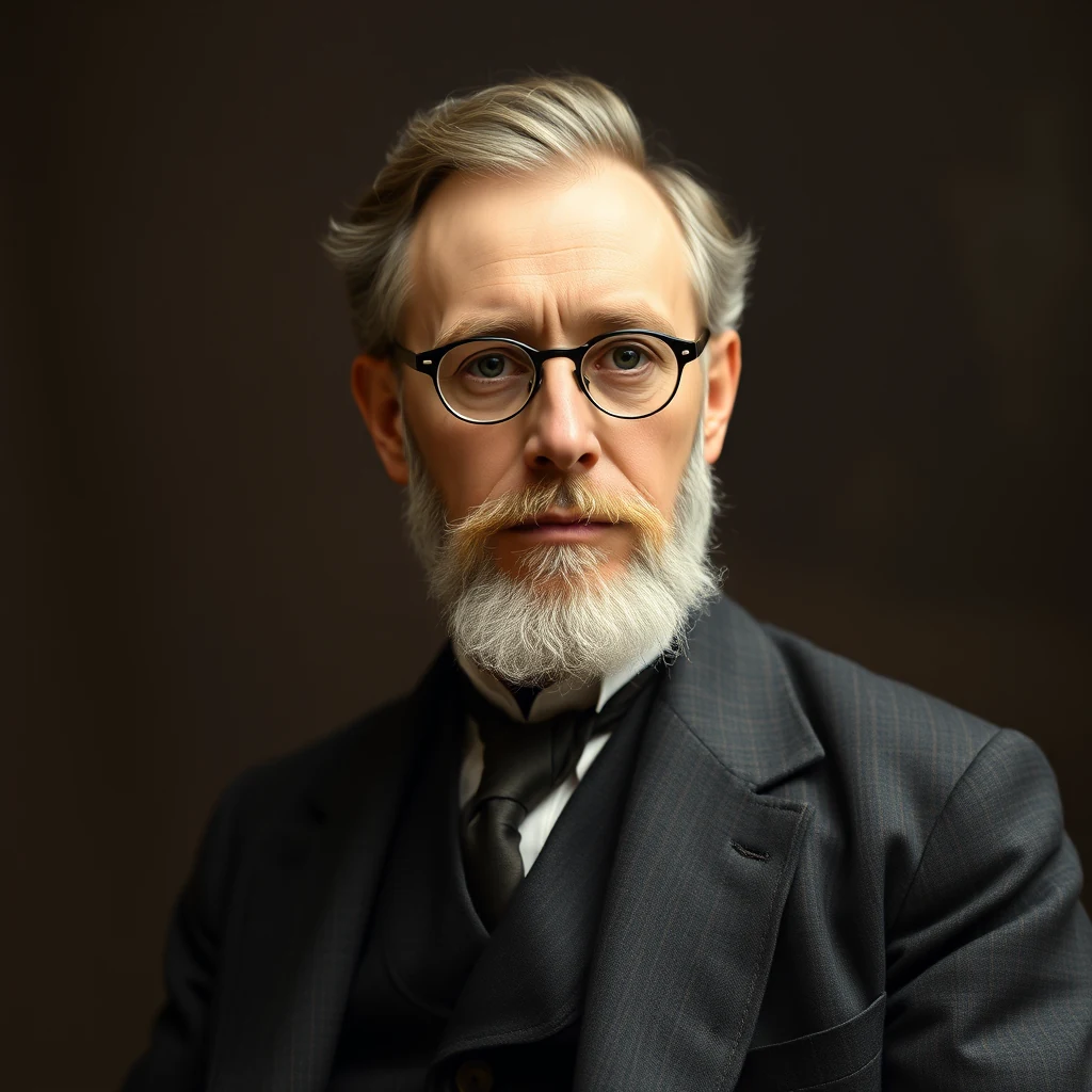 A man with gray hair and a beard wearing glasses and a dark suit stands against a dark background.
