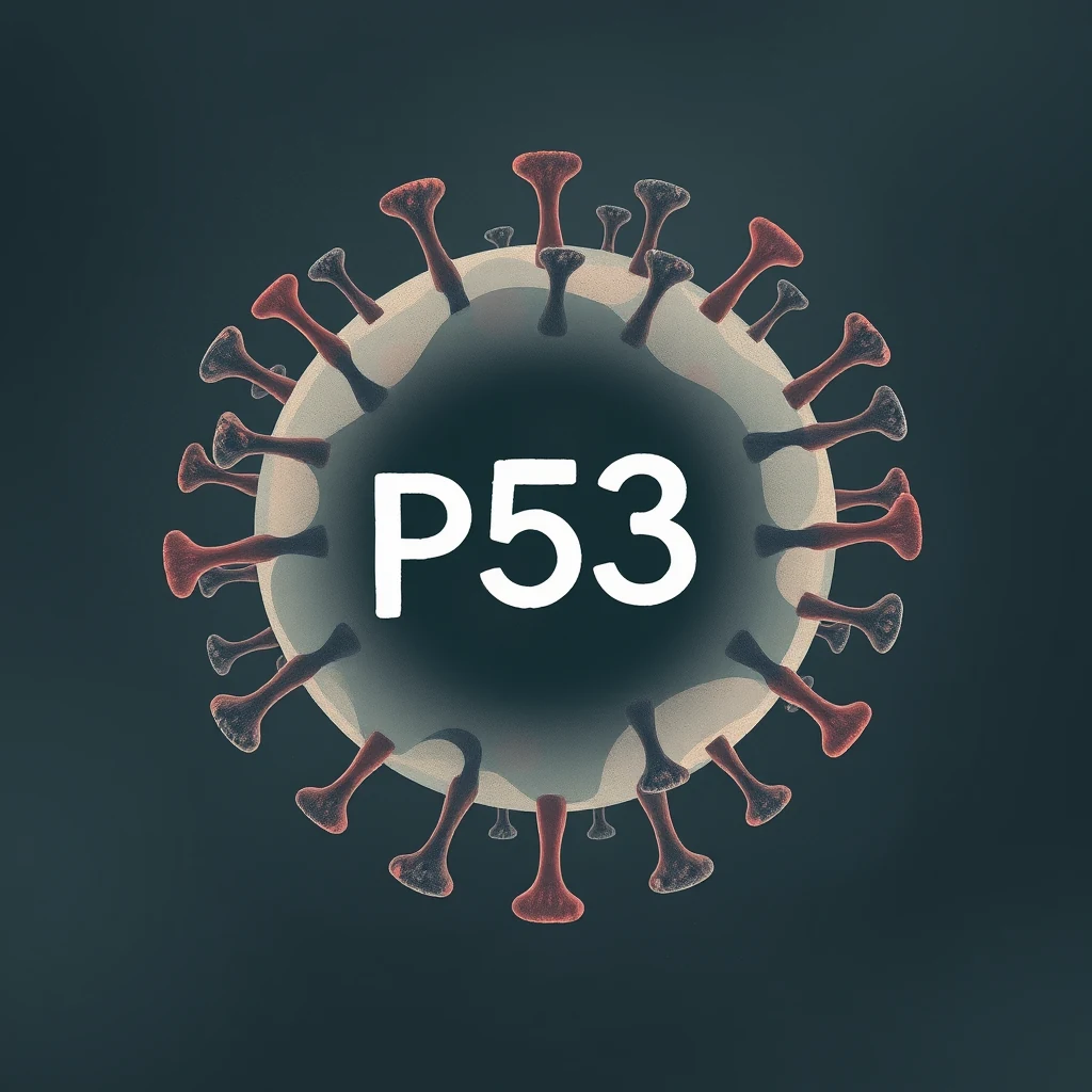 The image depicts a stylized representation of a virus with the text "P53" in the center, symbolizing the protein that monitors cellular damage and regulates cell division or apoptosis.