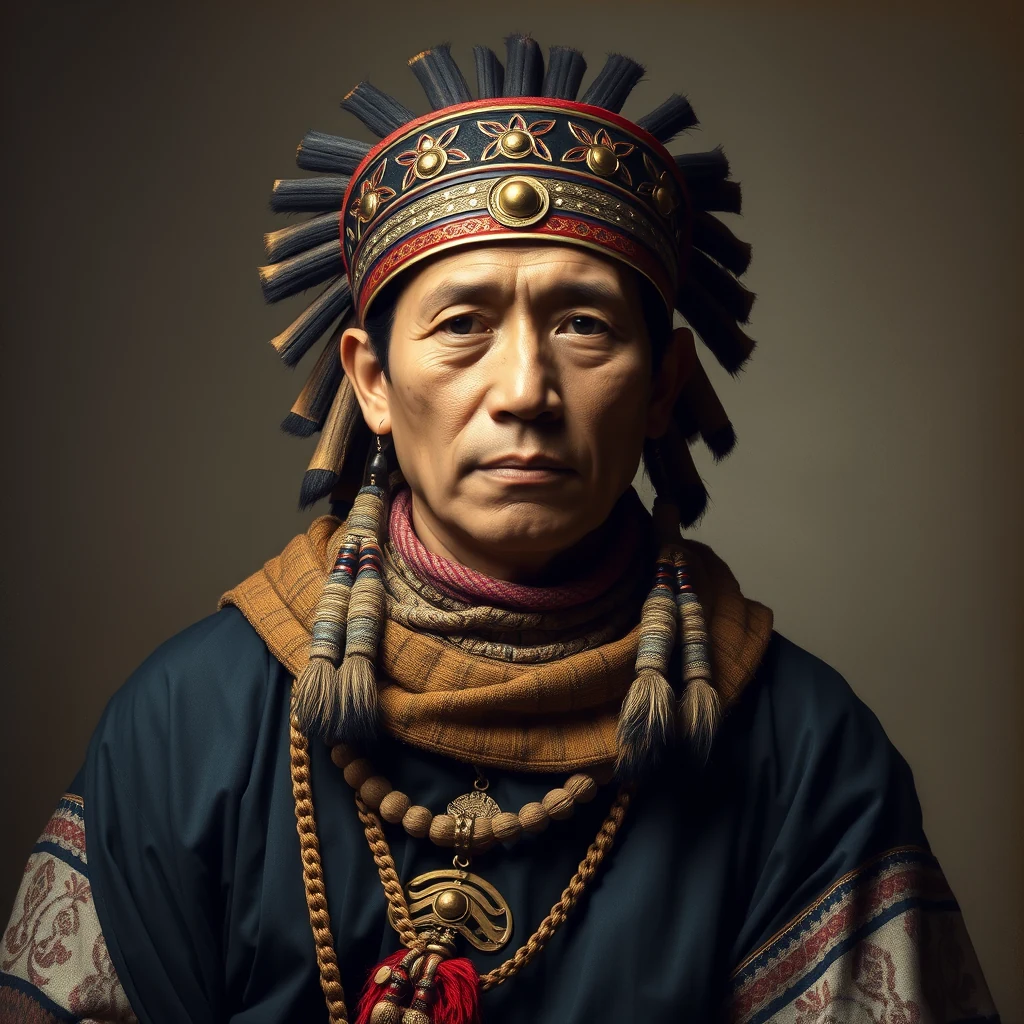 A person wearing traditional Andean attire, including a headdress adorned with feathers and intricate beadwork, and a necklace with a prominent pendant, symbolizing cultural heritage and historical significance.