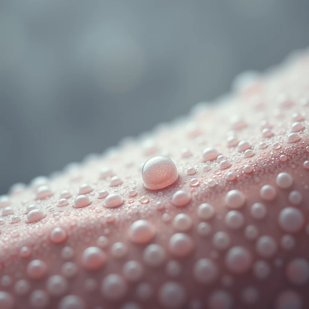 A close-up view of a surface covered in small, round, translucent droplets, resembling Pacinian corpuscles, which are onion-layered mechanoreceptors found in the dermis and connective tissue.