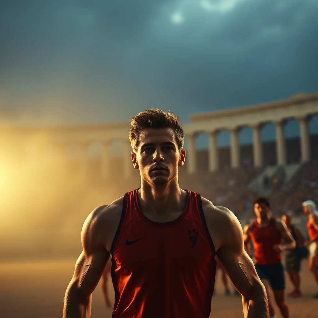 A male athlete in a red tank top stands in front of a stadium with ancient columns under a dramatic sky, suggesting participation in the Panhellenic athletic games.