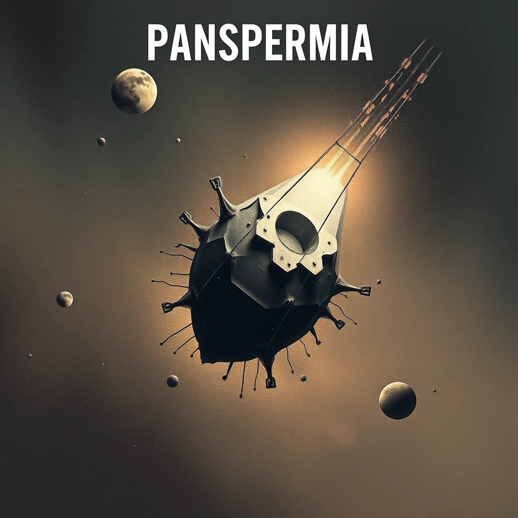 A spacecraft resembling a virus with tentacle-like appendages is depicted in space, surrounded by celestial bodies, symbolizing the concept of panspermia.